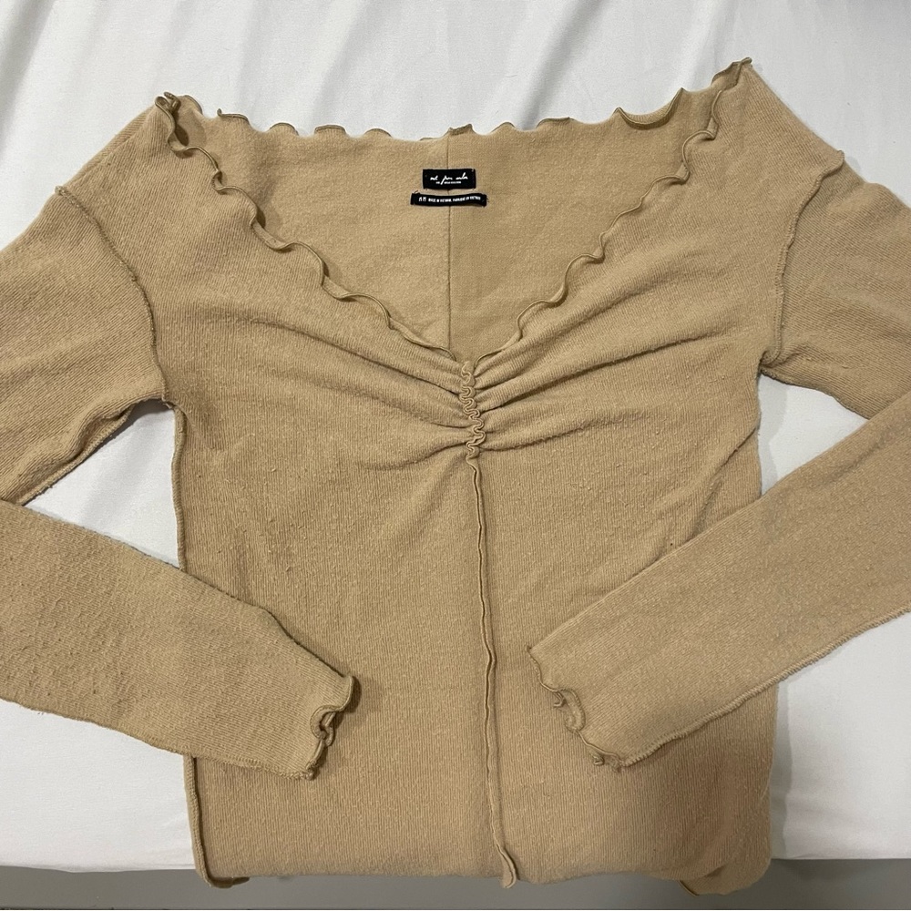 Urban Outfitters Tan Womens Long Sleeve Ruffled V Neck